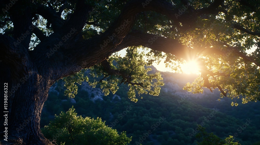 Fototapeta premium Golden Sunset Over Hills Through Majestic Tree Branches Enhancing Nature's Dramatic Beauty : Generative AI