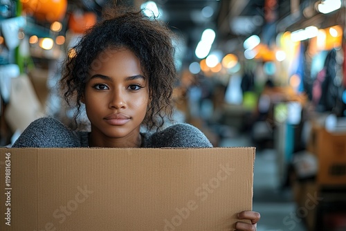 A young woman holds a cardboard box in a busy industrial setting, conveying a sense of purpose.