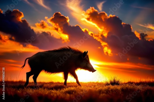 Wild Boar Silhouette at Sunset, Rule of Thirds Composition