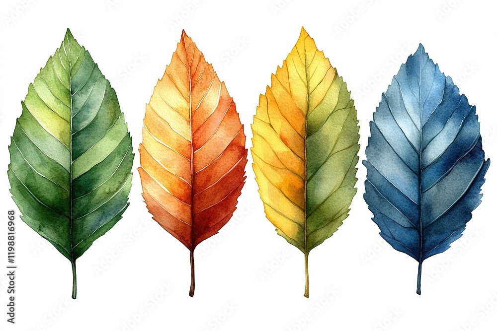 Obraz premium A watercolor illustration of four leaves in varying colors representing seasonal changes.