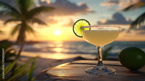 A Daiquiri cocktail made with fresh lime juice, rum, and sugar rim, served in a glass with a lime wedge garnish, placed on a beachside bar counter. photo