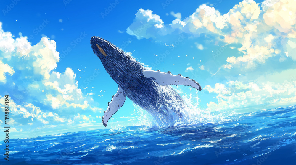 Fototapeta premium Majestic humpback whale breaching in the ocean under blue sky