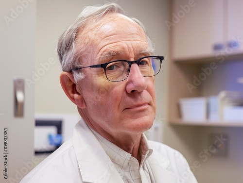 Confident senior doctor with glasses in a calming clinic setting photo