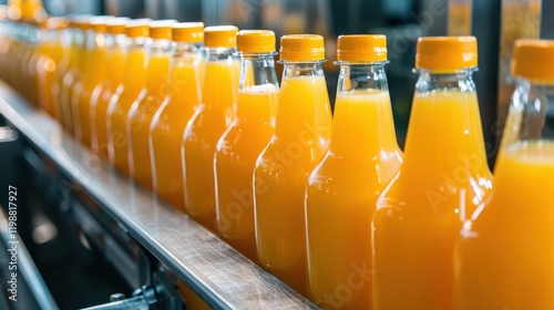 Close-up of orange juice bottles on an industrial conveyor belt photo