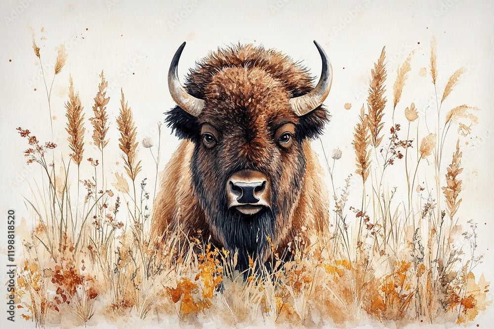 A bison gazes through tall grasses in a serene, autumn-inspired landscape. A bison gazes through tall grasses in a serene, autumn-inspired landscape.