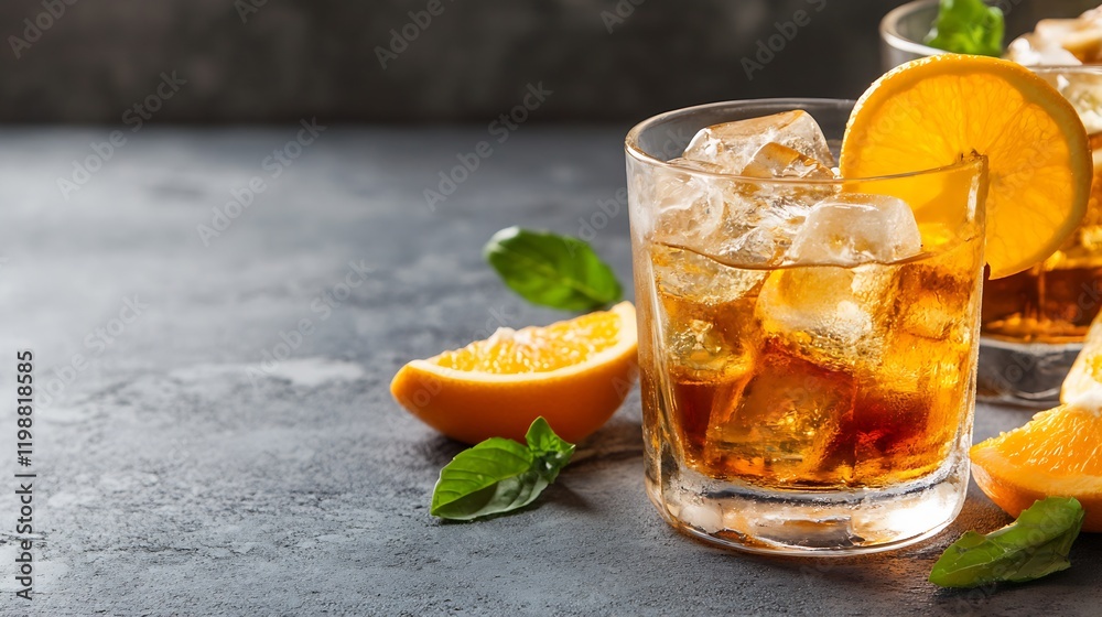 Classic Whiskey Sour Cocktail with Orange and Ice Garnishes on Dark Background : Generative AI