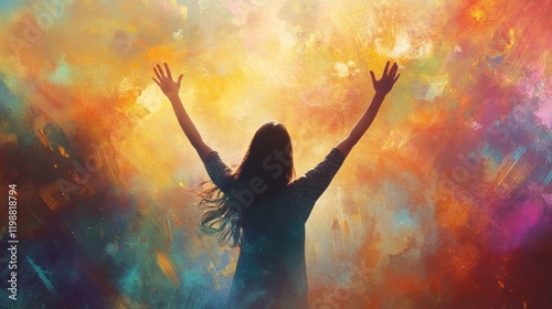Young woman letting go of problems , and feeling free with arms in the air. Praise and worship concept.