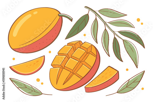 Vibrant watercolor mangoes, botanical illustration style, whole and sliced mangoes, mango cubes, floating mango leaves, bright yellow and orange fruits, white background, fresh tropical fruit, juicy m