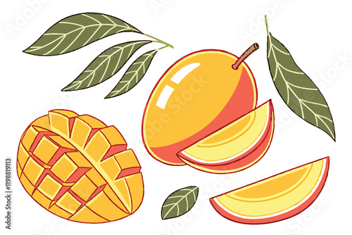 Vibrant watercolor mangoes, botanical illustration style, whole and sliced mangoes, mango cubes, floating mango leaves, bright yellow and orange fruits, white background, fresh tropical fruit, juicy m
