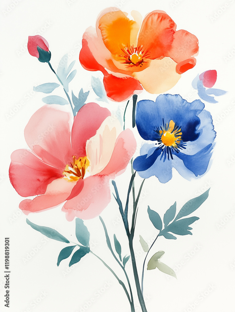Fototapeta premium Watercolor illustration, bouquet of spring bright flowers. Pink, red and blue flowers on a white background. Aquarelle sketch. Blurred paint stains.