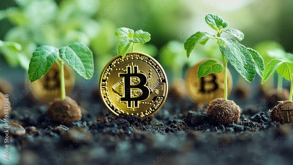 Bitcoin Growing with Seedlings, cryptocurrency, blockchain, digital currency, finance, investment
