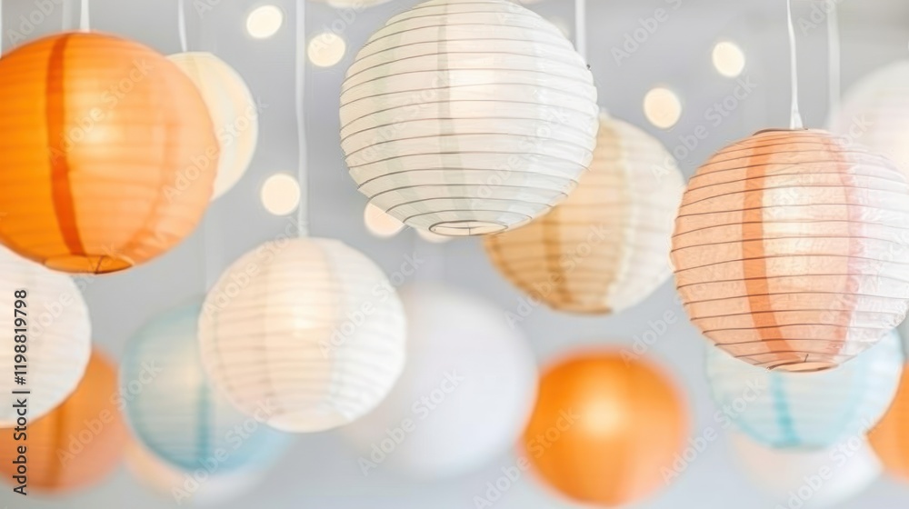 Chinese Paper Lanterns Hanging from Ceiling with Blurred Background and Soft Lighting Creating a Warm and Inviting Atmosphere for Events and Celebrations Chinese Paper Lanterns Hanging from Ceiling with Blurred Background and Soft Lighting Creating a Warm and Inviting Atmosphere for Events and Celebrations