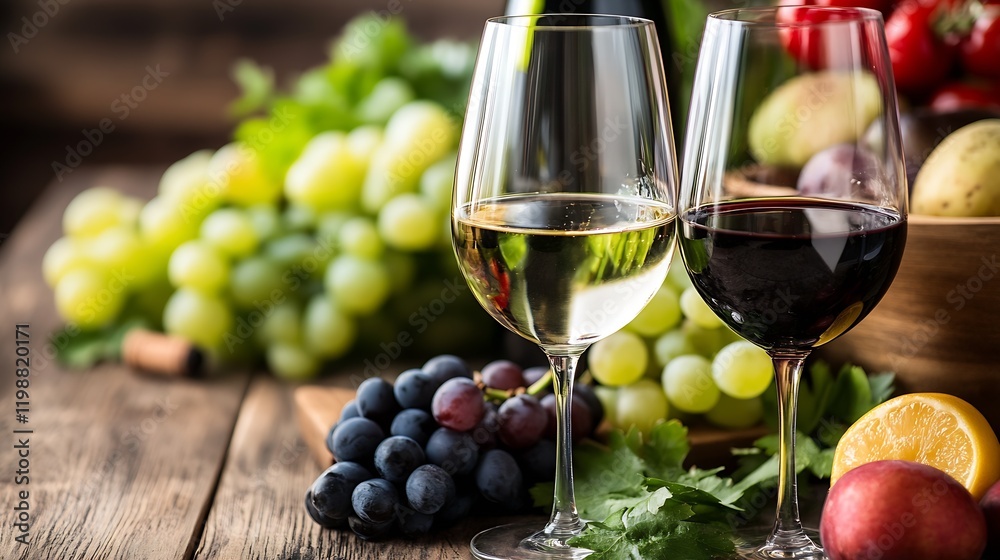 Elegant Wine Glasses with Grapes and Fresh Produce on Rustic Table : Generative AI Elegant Wine Glasses with Grapes and Fresh Produce on Rustic Table : Generative AI