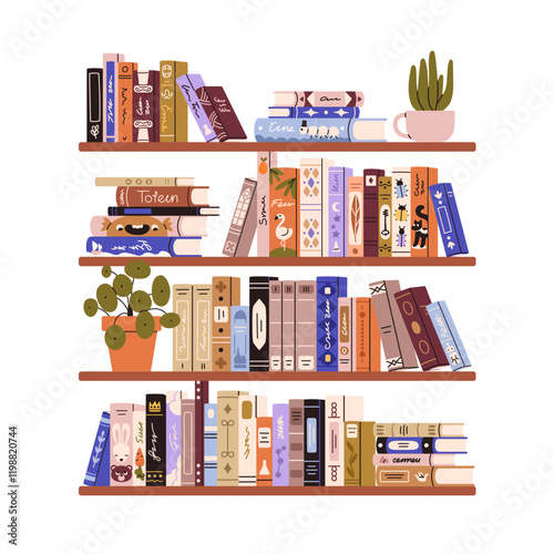 Bookshelf with books, fiction, encyclopedias, school literature, plants. Home library in stacks and rows for reading, education. Wall shelves. Flat vector illustration isolated on white background