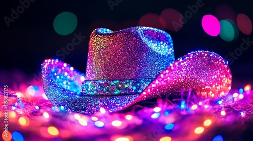 Glittering cowboy hat with colorful LED lights.