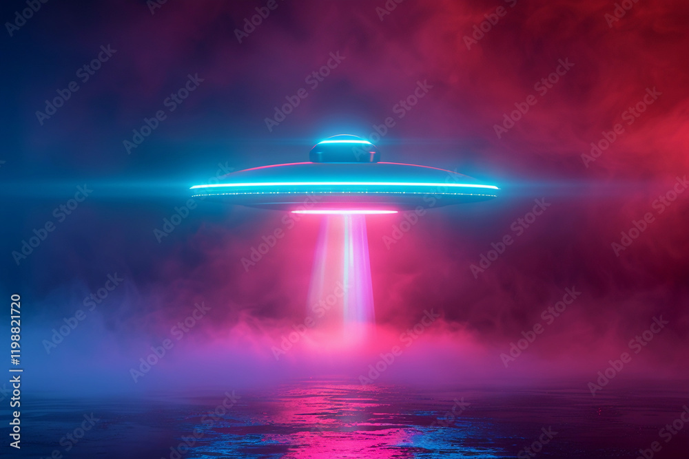 Obraz premium Iron oval UFO saucer hovering over beautiful landscape in deep dramatic sky, abstract vivid composition consists of fictional unreal fantastic vision on background