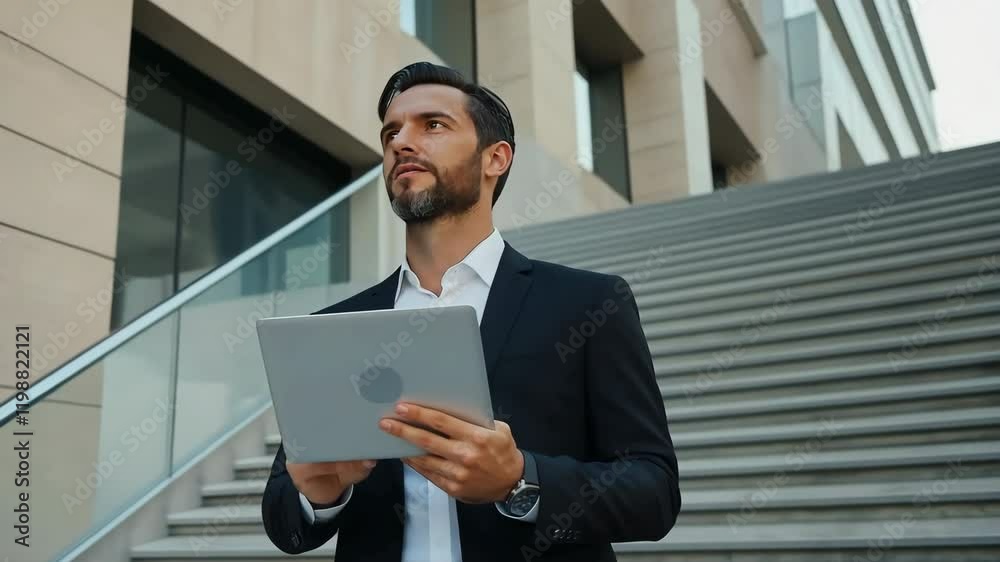A man in a suit holding a tablet in his hand A man in a suit holding a tablet in his hand