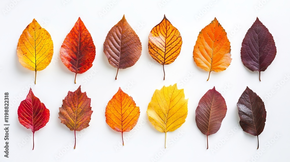 Obraz premium Autumn leaves arranged on a white background.