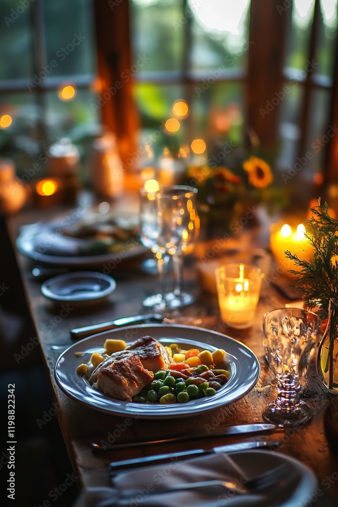 A charming dining table set for an evening meal featuring beautifully plated fish and colorful vegetables, illuminated by warm candlelight and surrounded by greenery. A charming dining table set for an evening meal featuring beautifully plated fish and colorful vegetables, illuminated by warm candlelight and surrounded by greenery.