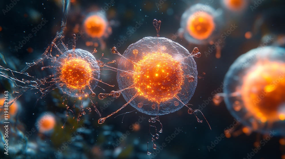 Obraz premium Fiery Cell Structures: A Dramatic Microscopic Artwork