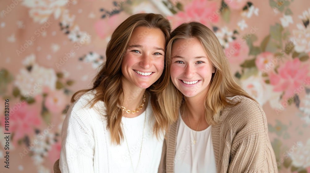 Obraz premium Two Cheerful Young Women Smiling Together Against a Floral Background in a Bright and Cozy Setting