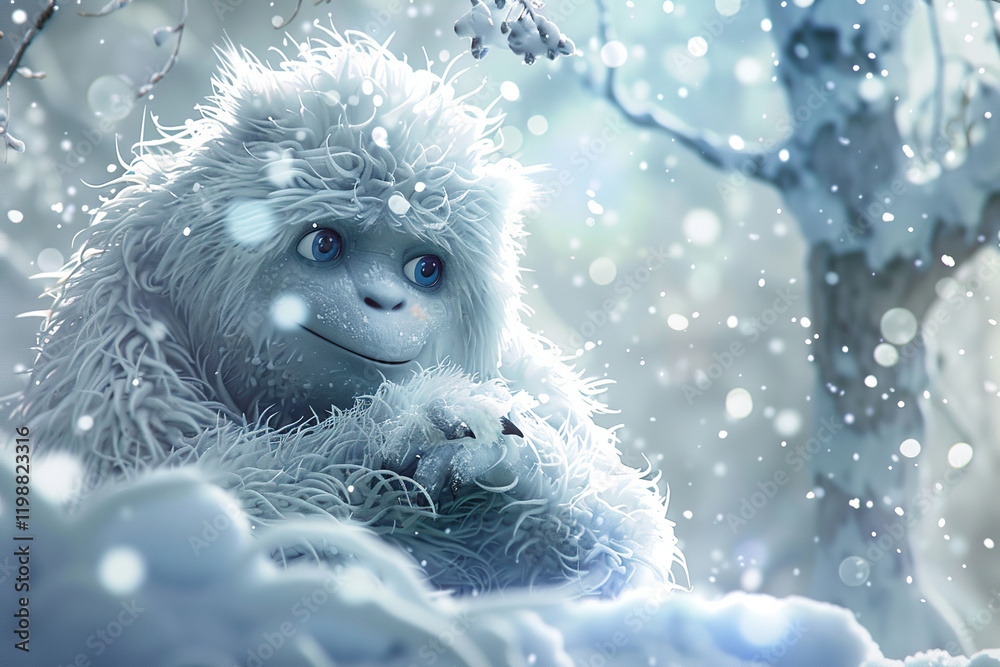 Obraz premium Huge fantasy hairy yeti character in beautiful outdoor nature color, abstract vivid composition consists of fictional unreal fantastic vision on background