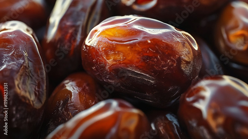 Close-up of glossy brown dates with detailed texture. Macro shot of dried fruit. Healthy snack and traditional food concept photo