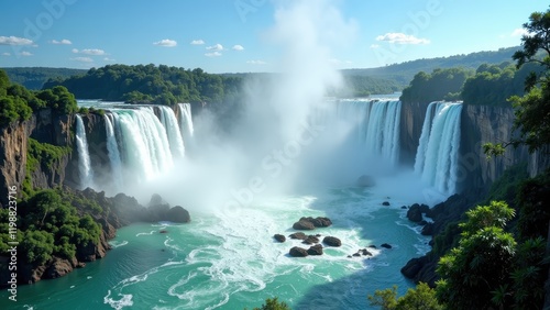 Majestic turquoise waters cascade over towering falls, flanked by rugged cliffs under a vast sky. Nature's grandeur in every frame