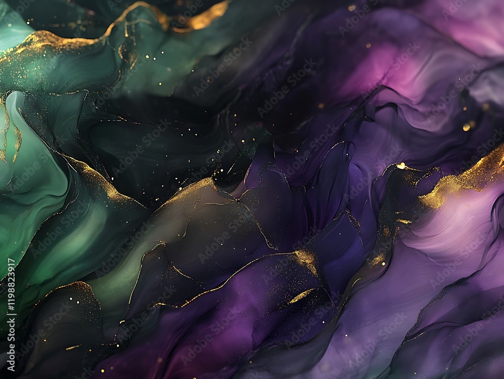 Obraz premium Moody dark-themed abstract art with deep purples greens and golden highlights for dramatic decor