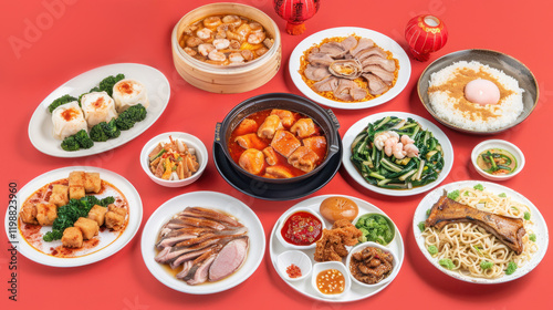 Wallpaper Mural Chinese Dishes Featuring Dim Sum, Roasted Meats, Rice, and Various Accompaniments Served on White Plates Against a Bold Red Backdrop Torontodigital.ca