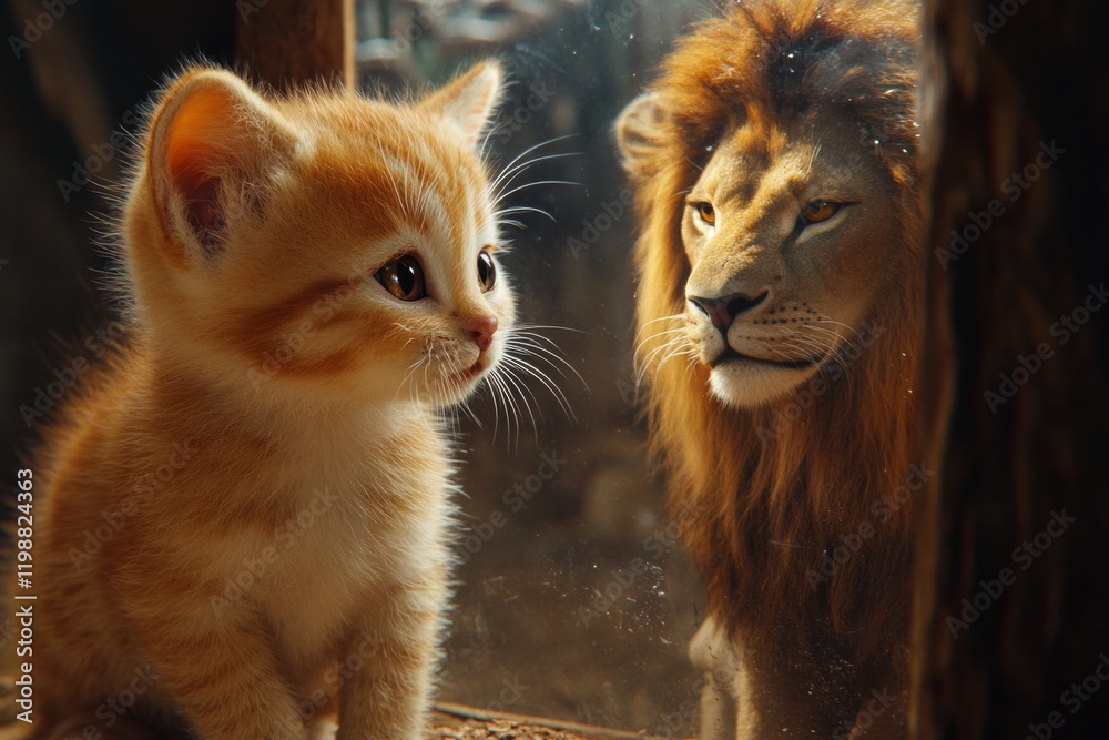 Fototapeta premium A kitten and a lion are looking at each other through a glass window