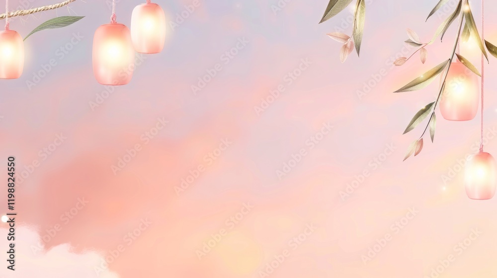 Fototapeta premium Serene Pastel Sky with Hanging Lanterns and Delicate Greenery Embellishments for Tranquil and Dreamy Background Imagery in Soft Color Tones