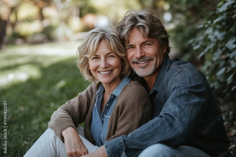 A couple of older people are sitting on the grass and smiling at the camera A couple of older people are sitting on the grass and smiling at the camera