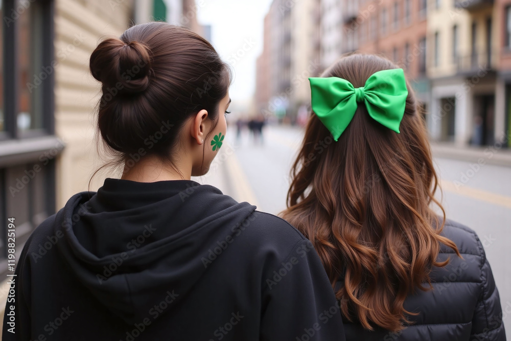 Naklejka premium Two young women with green accents walking side by side