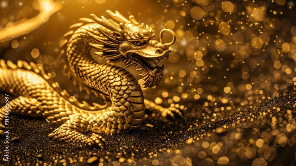 Obraz premium Majestic Golden Dragon Sculpture Surrounded by Sparkling Bokeh Effect, Capturing Mystical Elements and Traditional Asian Symbolism in a Captivating Still Life Setting