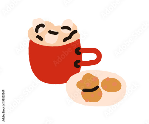 Hot cocoa in mug with marshmallows, cookies on plate. Warm cacao, sweet drink...