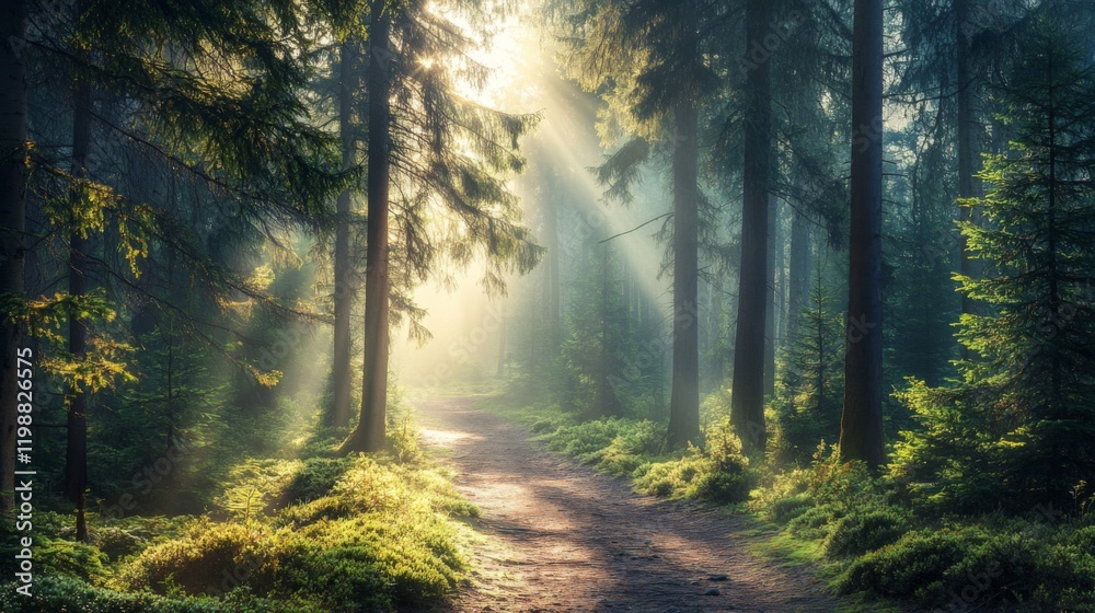 Fototapeta premium Sunbeams Illuminating a Forest Path