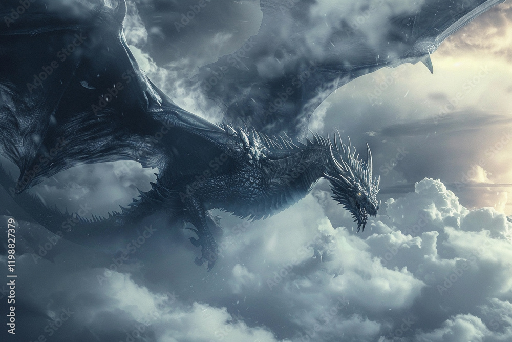 Obraz premium Fantastically beautiful mythological dragon with big wide wings, abstract vivid composition consists of fictional unreal fantastic vision on background