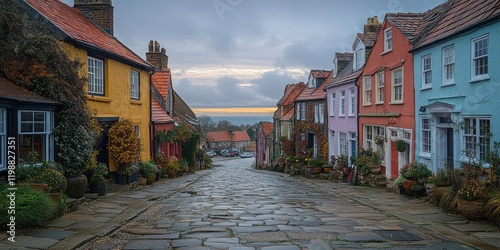 Picturesque Coastal Village Street in England: A Charming Row of Colorful Houses