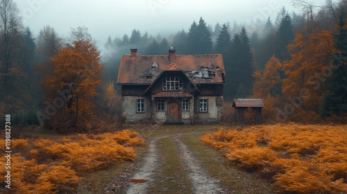 Abandoned house surrounded by autumn foliage in a foggy forest, evoking a sense of mystery