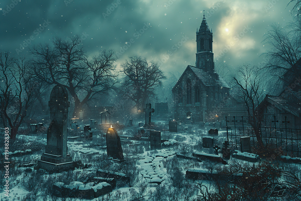 Naklejka premium Fantastically mysterious cemetery with tombstones and terribly scary atmosphere, abstract vivid composition consists of fictional unreal fantastic vision on background
