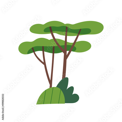 Trees and shrubs. Green forest plants, deciduous leaf crown on trunks and bushes. Greenery, decorative design element for nature, environment. Flat vector illustration isolated on white background
