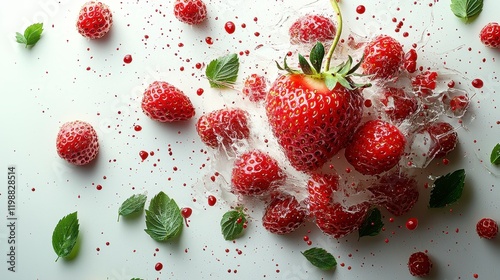 Fresh strawberries splashing in milk with mint leaves.