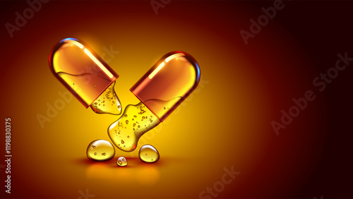 Open medicine pill with omega 3 fish oil or honey. Transparent realistic vitamin pill or glass softgel on golden background. Orange medicine capsule or pill. Medicine drips from medical pill.