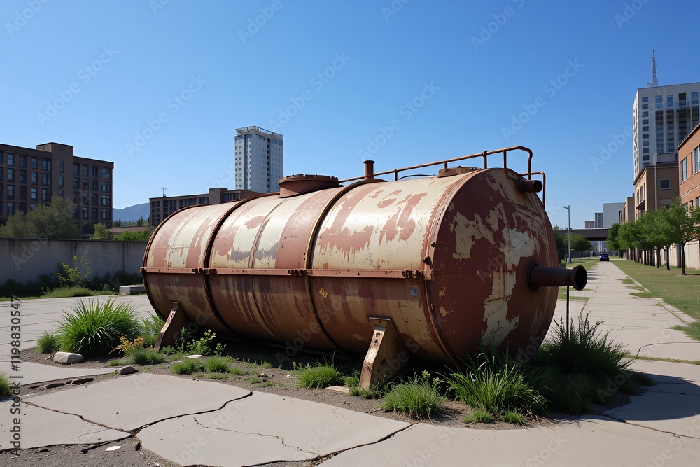 Rusty Industrial Tank Urban Landscape Daytime Exterior View Rusty Industrial Tank Urban Landscape Daytime Exterior View