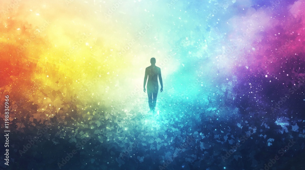 Fototapeta premium Spiritual Journey Silhouette Walking Through Colorful Cosmic Nebula