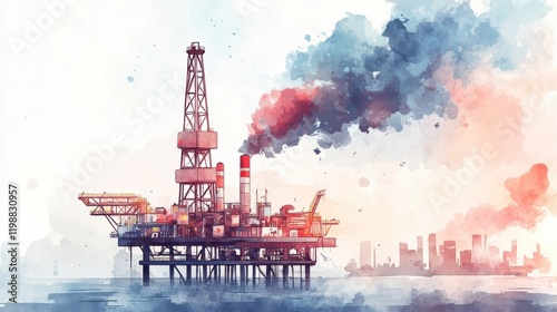 A vivid watercolor illustration of an oil drilling rig amidst smoke, depicting industrial activity and environmental impact in the ocean. photo