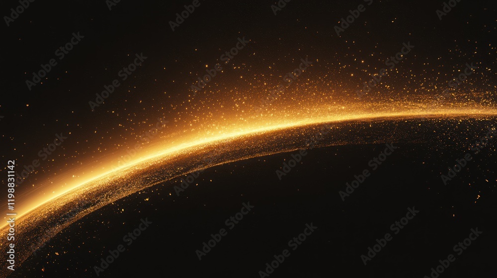 Fototapeta premium A black background featuring a glowing golden arc, with light scattering into small particles at the edges.