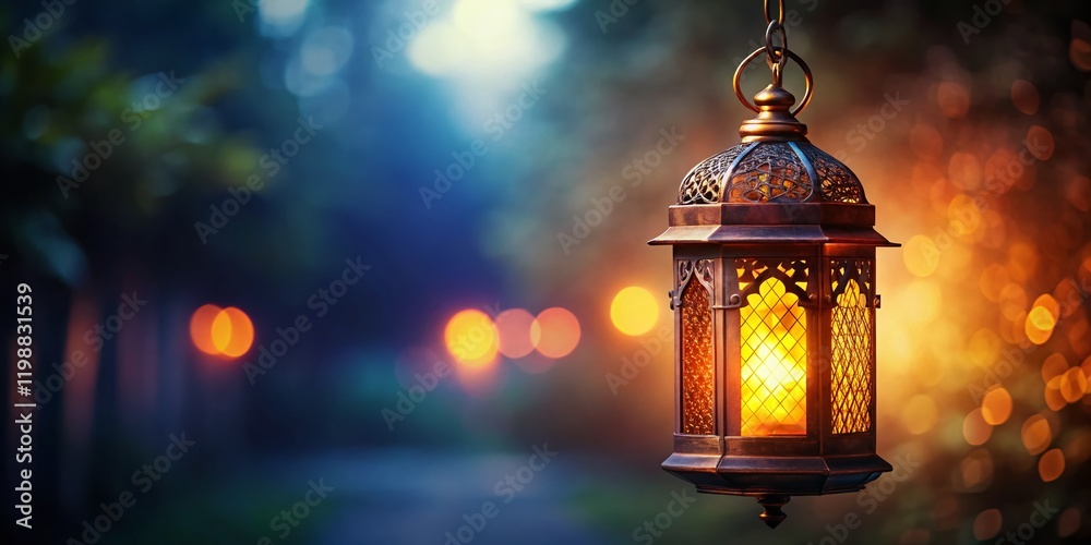 Glowing Lantern Hanging in Dark, Copy Space Left Glowing Lantern Hanging in Dark, Copy Space Left