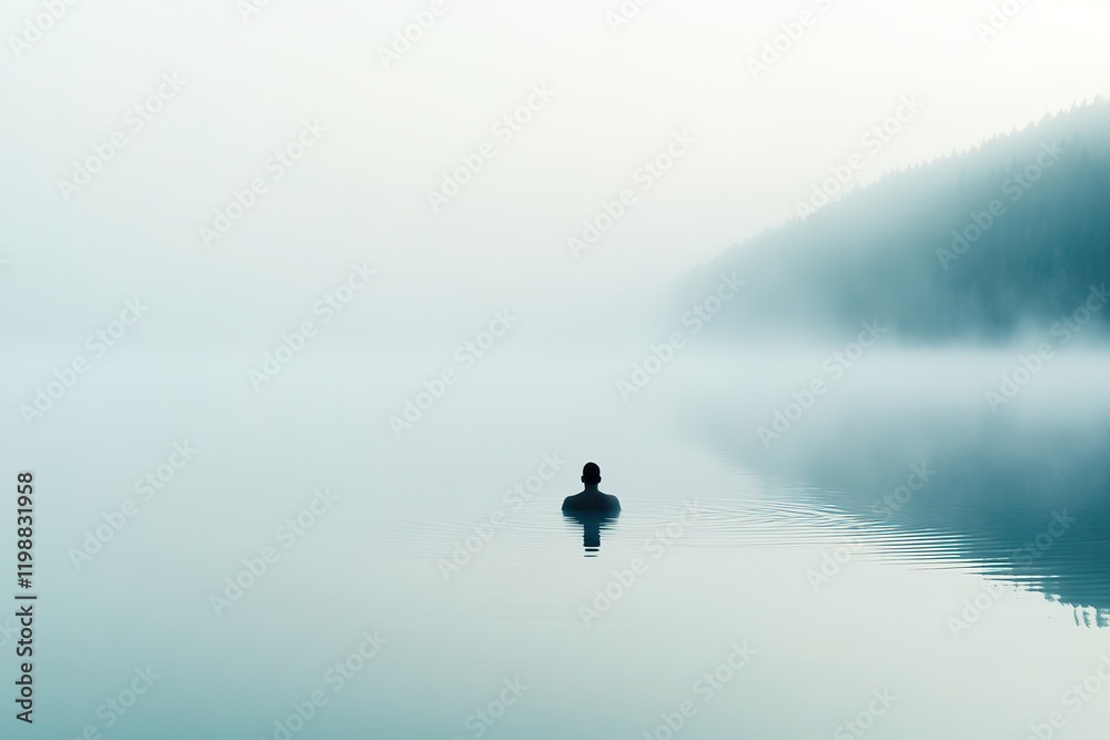 Fototapeta premium Silent misty lake with single person serene bathing